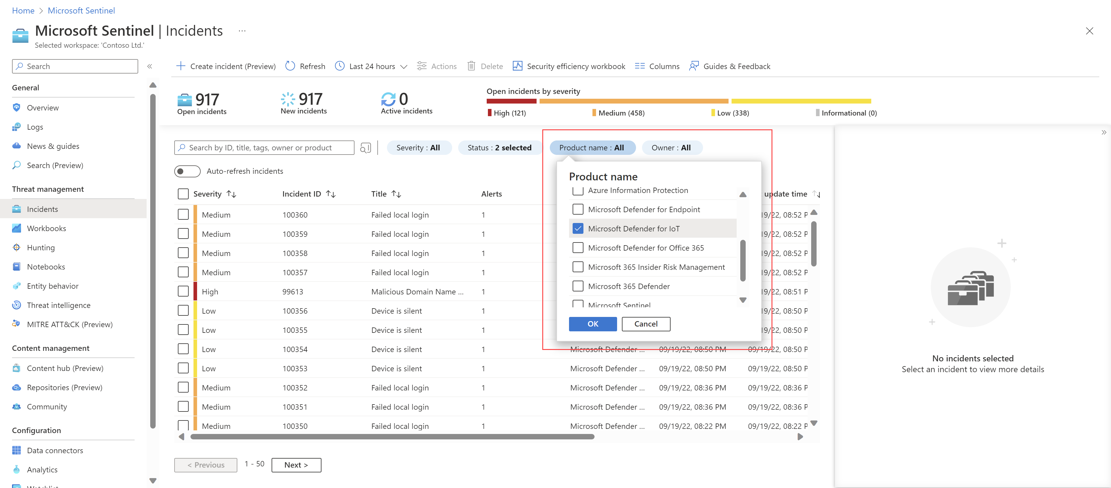 Screenshot of filtering incidents by product name for Defender for IoT devices.