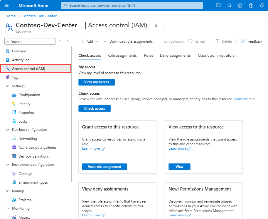 Screenshot that shows the Access control (IAM) page for a dev center.