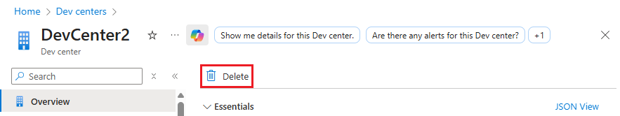 Screenshot of the Delete button on the page for a dev center.