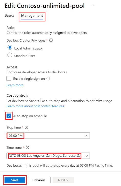 Screenshot of the edit dev box pool page showing the Cost controls section and the autostop option selected.