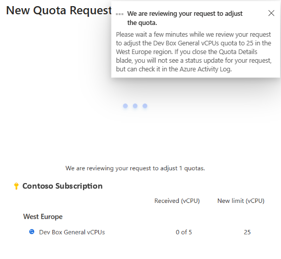 Screenshot showing the popup about Microsoft reviewing your quota limit request.
