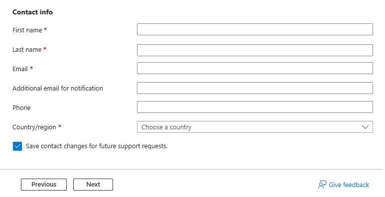 Screenshot showing the Contact info section for a new support request and the Next button.