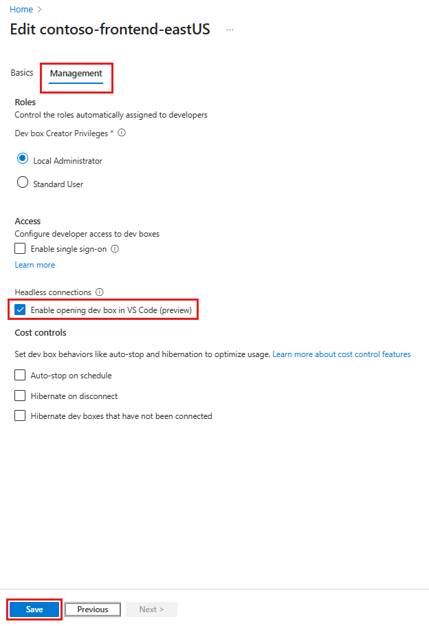 Screenshot of the Dev box pool Management tab in the Azure portal with the 'Enable opening dev box in VS Code' option highlighted.