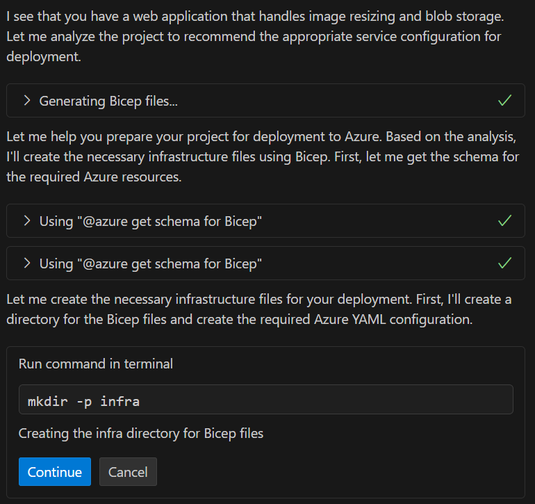 Screenshot of the GitHub Copilot chat pane creating a directory for the bicep files.