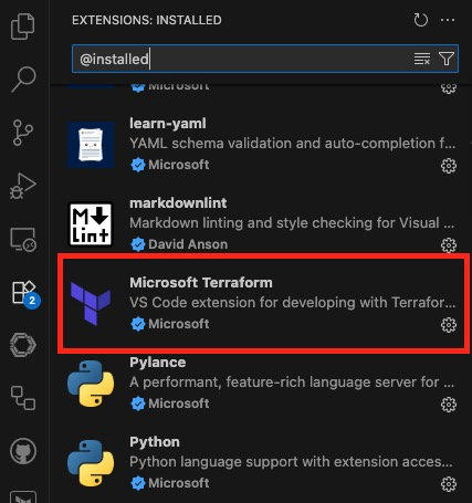 Screenshot of the installed Microsoft Terraform extension.