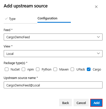 A screenshot showing how to add a new internal feed as an upstream source in Azure Artifacts.