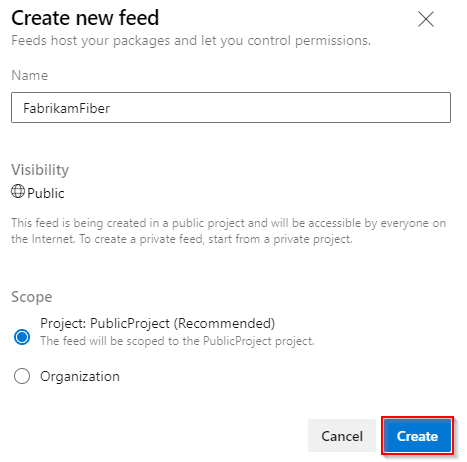 A screenshot displaying how to create a new public feed in Azure Artifacts.