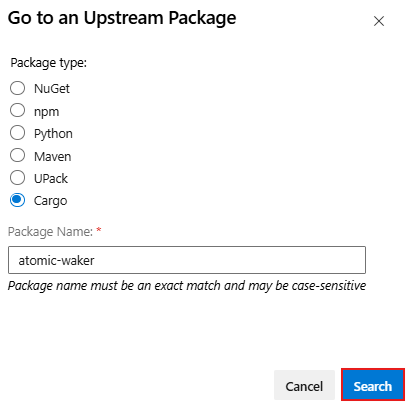 A screenshot showing how to search for a package in upstream sources.