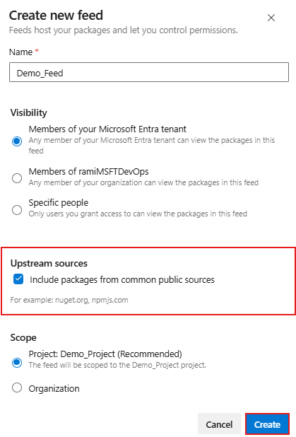 A screenshot showing how to create a need feed and enable upstream sources in Azure Artifacts.
