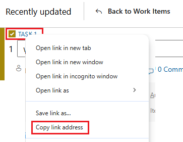 Screenshot shows copy hyperlink for a work item from web portal.
