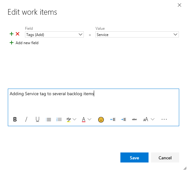Screenshot of Edit work items dialog where you can add tags.