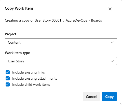 Screenshot shows copy work item dialog.