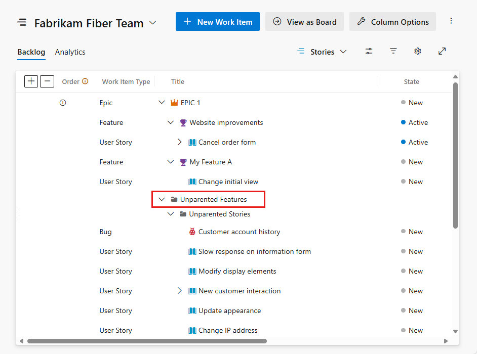 Screenshot shows hierarchical view of the backlog.