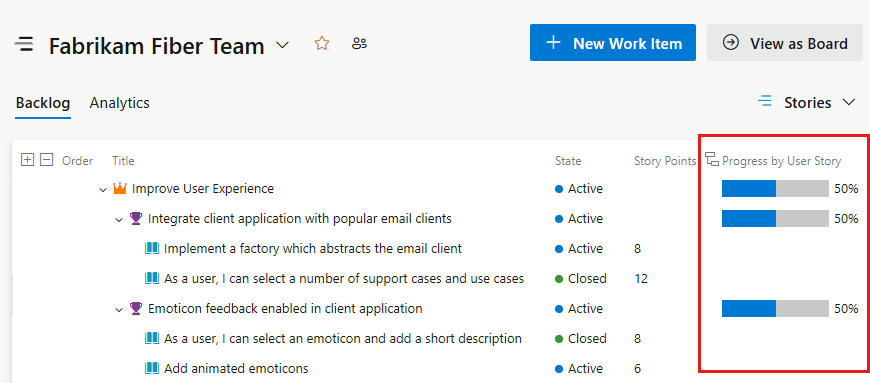 Screenshot shows the progress bars column in the backlog view.