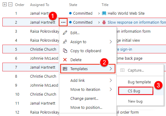 Screenshot that shows how to apply a template to multiple work items for a bulk update.