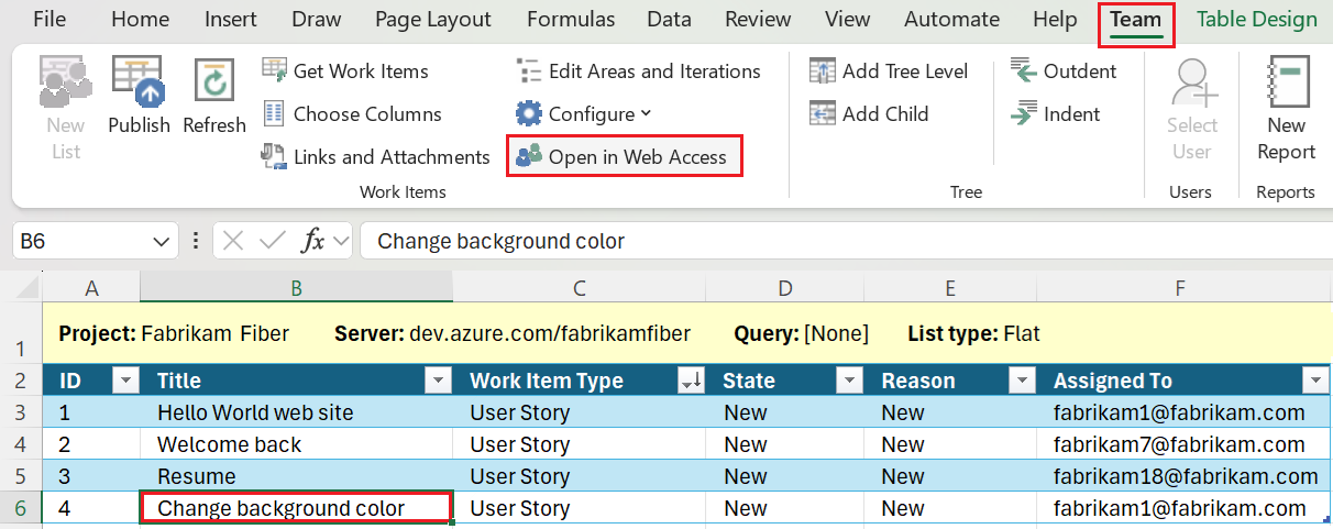 Screenshot that shows how to open a work item in the web portal from Excel.