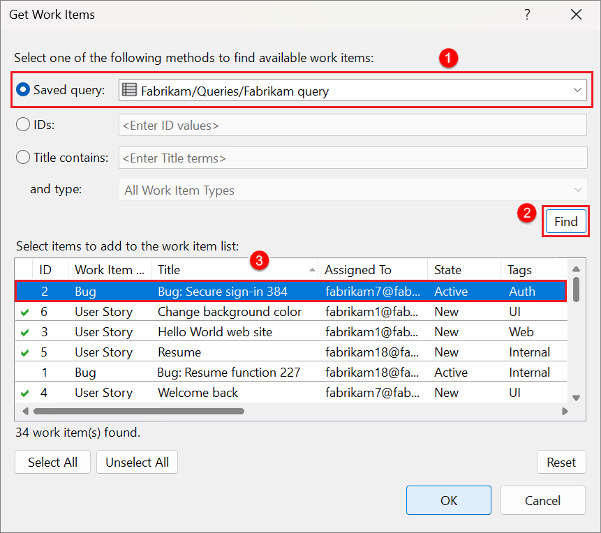 Screenshot of the Get Work Items dialog, showing the Saved Query option selected with the results from the Find action.