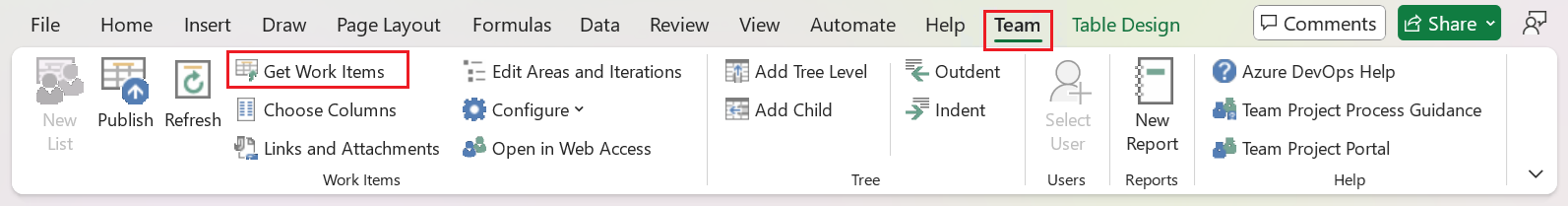Screenshot of the Team ribbon showing the Get work items option highlighted.