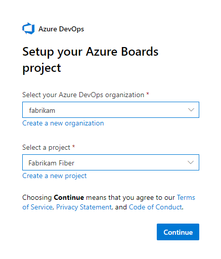 Screenshot shows the Setup your Azure Boards project page where you select an org and project.