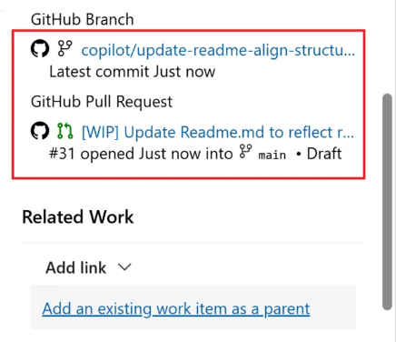 Screenshot of the Development section showing a linked GitHub pull request with closed, review, and checks status detail indicators.