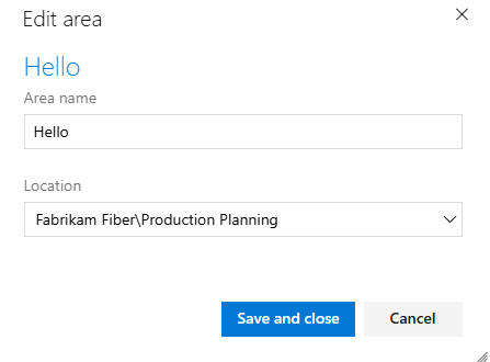 Screenshot that shows editing the area path.