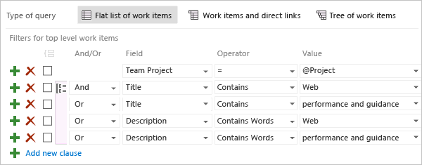 Screenshot that shows the editor for a flat-list query used to filter keywords.
