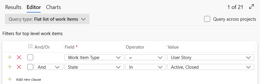 Screenshot that shows the Query editor flat-list for user stories in Active or Closed state.