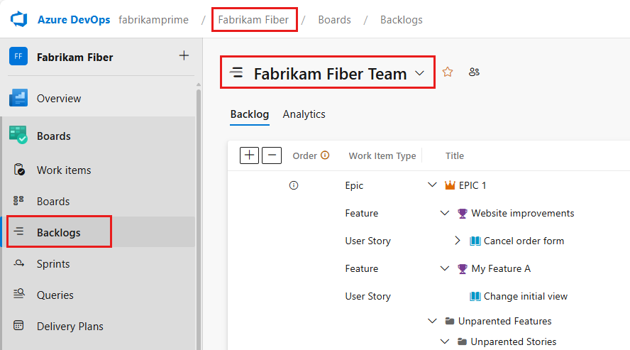 Screenshot shows the Backlogs option selected for a selected team.