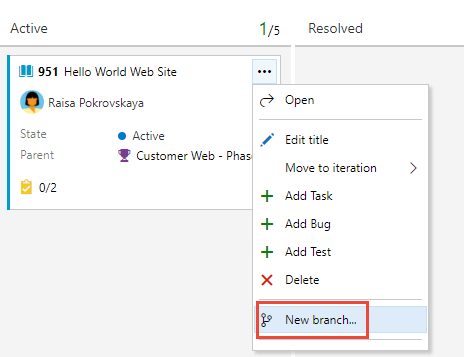 Screenshot shows board card with highlighted New branch selection.