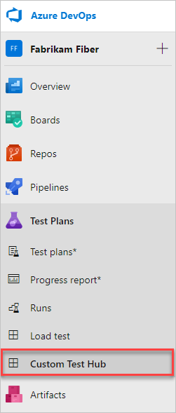 Screenshot of custom hub added to Azure Test Plans.