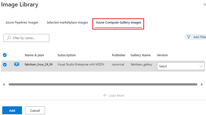 Screenshot that shows Azure Compute Gallery images.