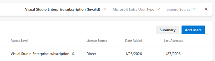 Screenshot showing access level filter for users with inactive Visual Studio subscription.