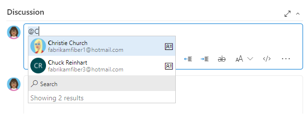 Screenshot that shows the people picker in the Discussion <span class=