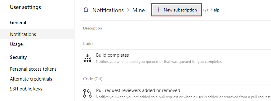 Screenshot that shows how to select the New subscription option in earlier versions of Azure DevOps.