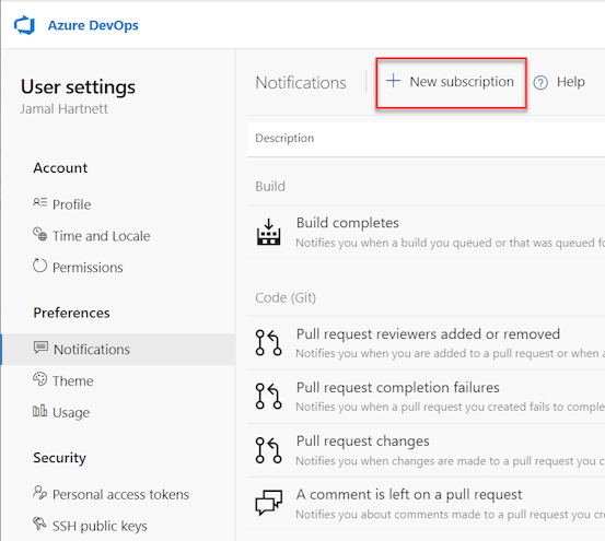 Screenshot that shows how to select the New subscription option in Azure DevOps.