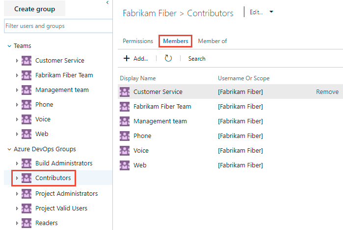 Screenshot shows Admin context, Security page, Contributors group, Membership page selections.