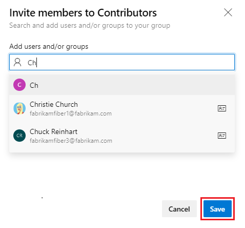 Screenshot of Invite members to security group (Contributors) dialog, choose user account to add to the group.