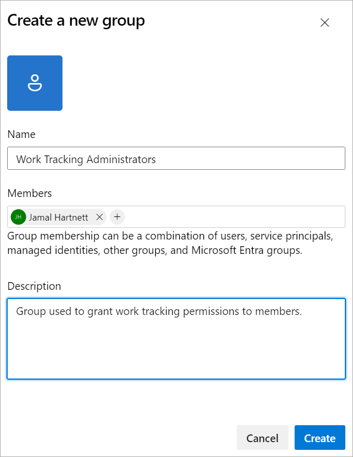 Screenshot of the security group dialog box to add a security group at the organization level.