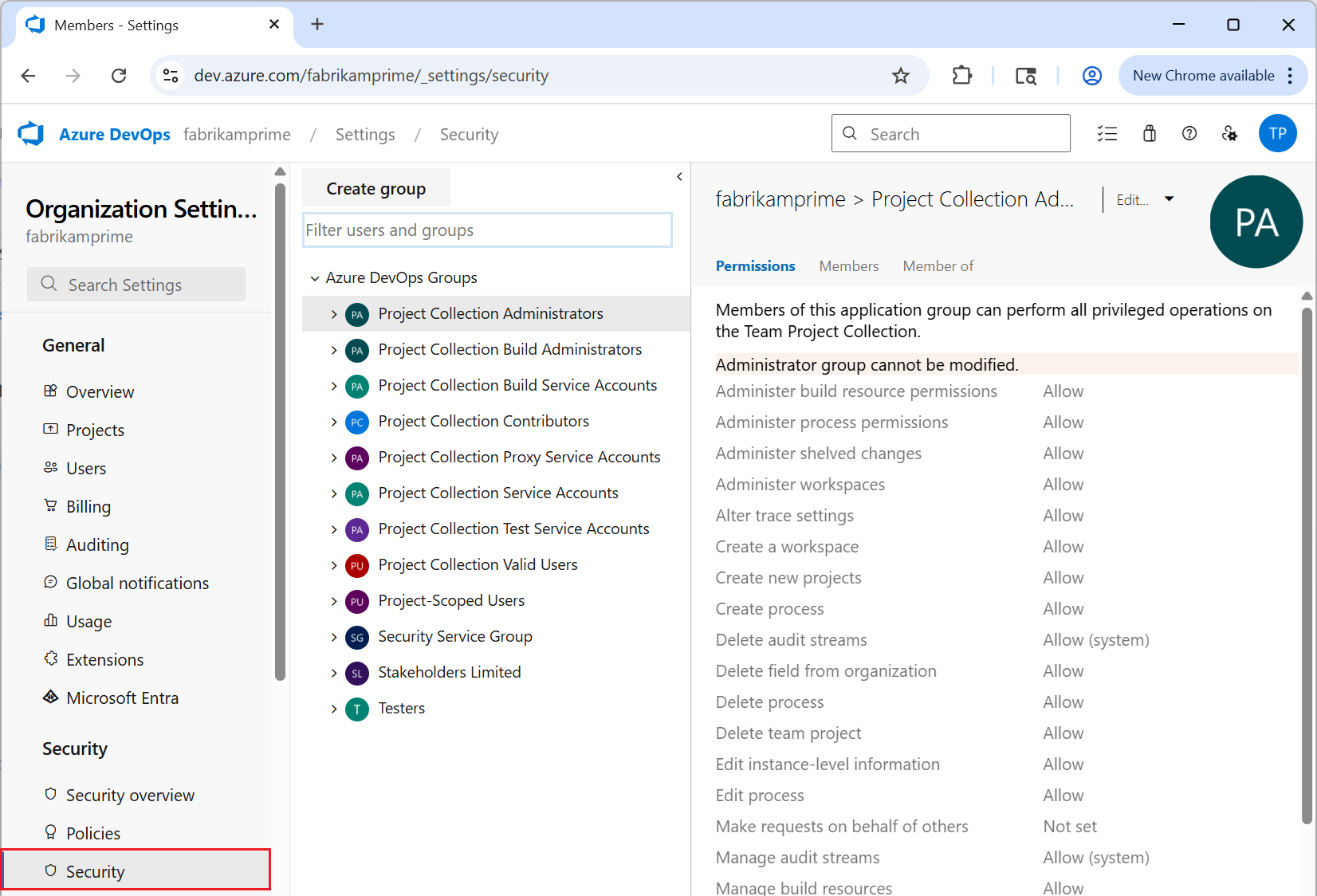 Screenshot showing Security organization settings.