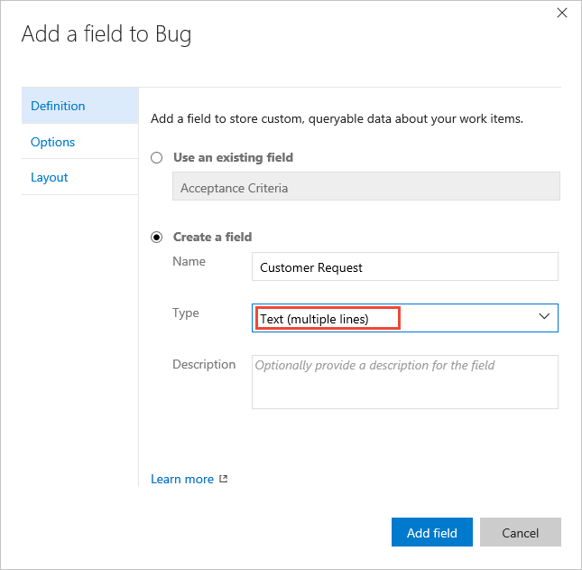 Screenshot shows Process Work Item Types page, Add a rich-text field to the Bug form.