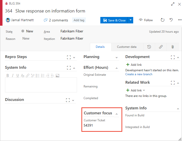 Screenshot shows the Bug form with the Customer Ticket field added to the Customer focus group.