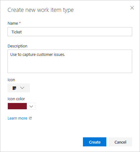 Screenshot shows Create new work item type dialog where you can enter a name and other values.