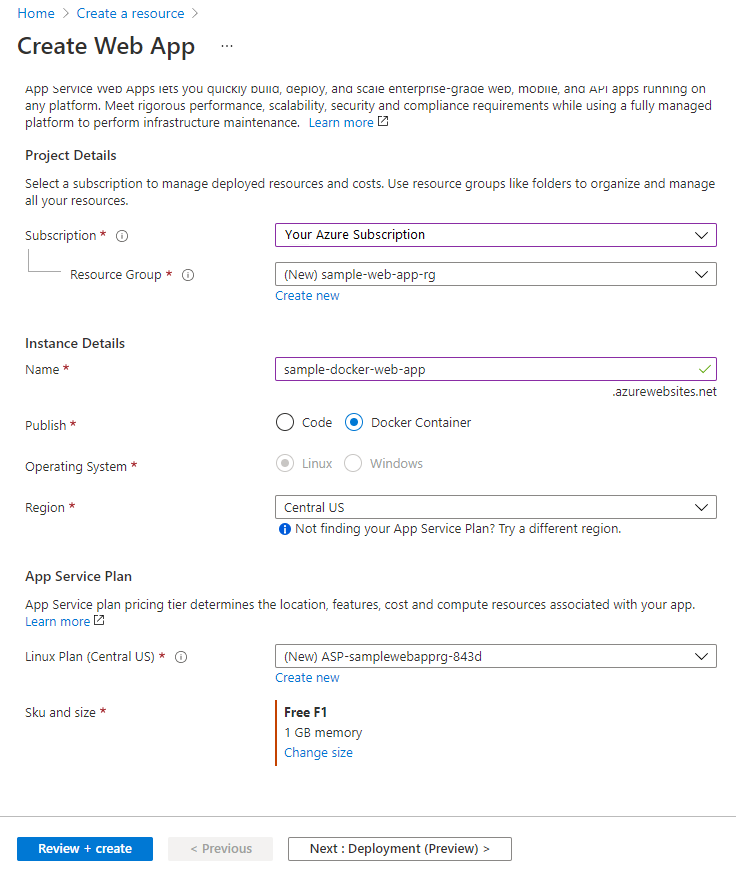Screenshot of configuring the web app.