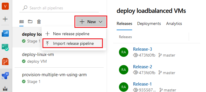 Screenshot that shows Import release pipeline.