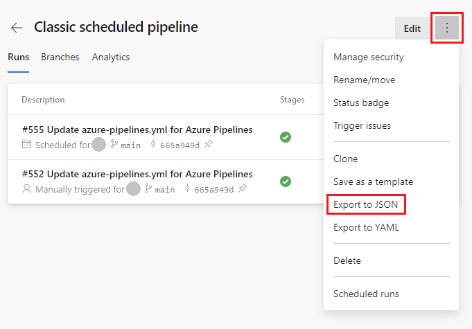 Screenshot that shows Export build pipeline.