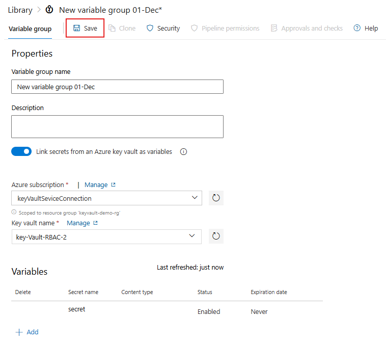 A screenshot displaying how to link an RBAC key vault secret to a variable group.