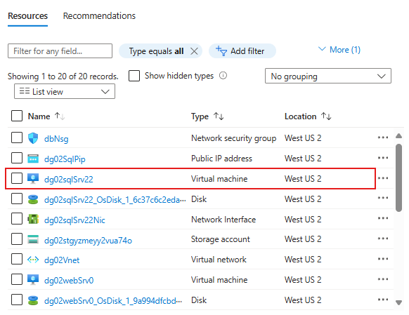 A screenshot displaying the newly created resources in Azure.