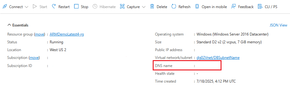 A screenshot displaying the DB server VM in Azure.