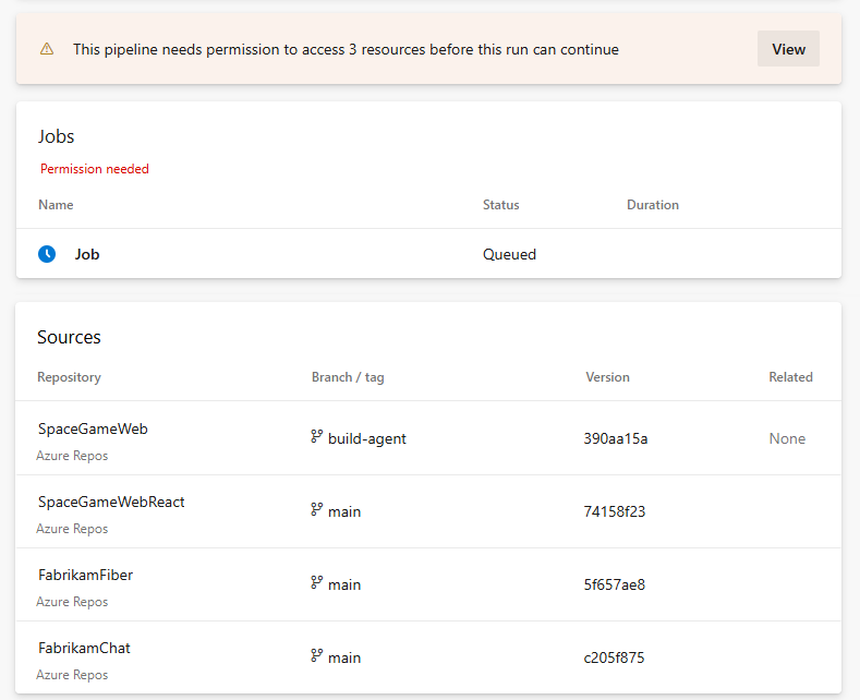Screenshot of running the SpaceGameWeb pipeline the first time after turning on the Protect access to repositories in YAML pipelines toggle.