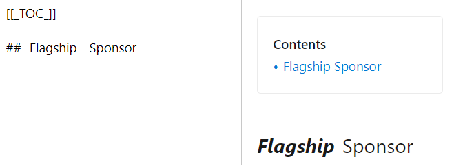 Screenshot that shows how the publishing system ignores extra formatting for a heading when it creates the entry for the TOC.